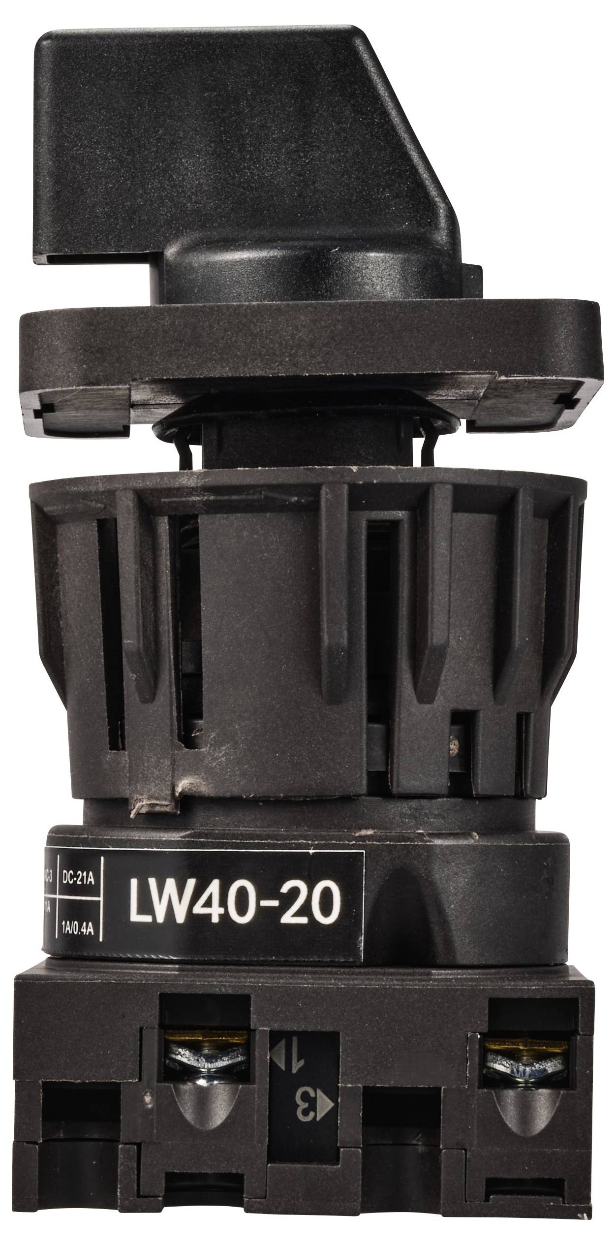 Ein schwarzer Drehschalter mit der Aufschrift 'LW40-20', mit einer markanten oberen Griffstruktur und sichtbaren elektrischen Anschlüssen.