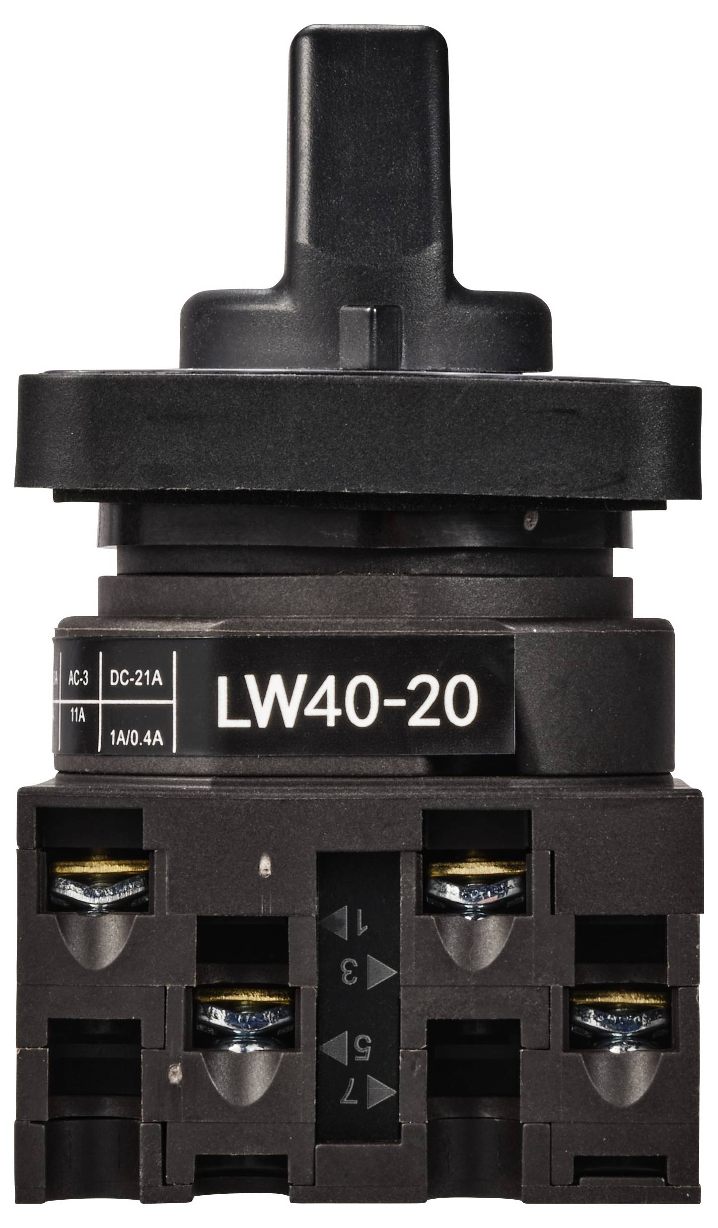 Schwarzer Drehschalter mit Aufschrift 'LW40-20'. Oben befindet sich ein runder Drehknopf. Unterer Teil hat erkennbar Schrauben.