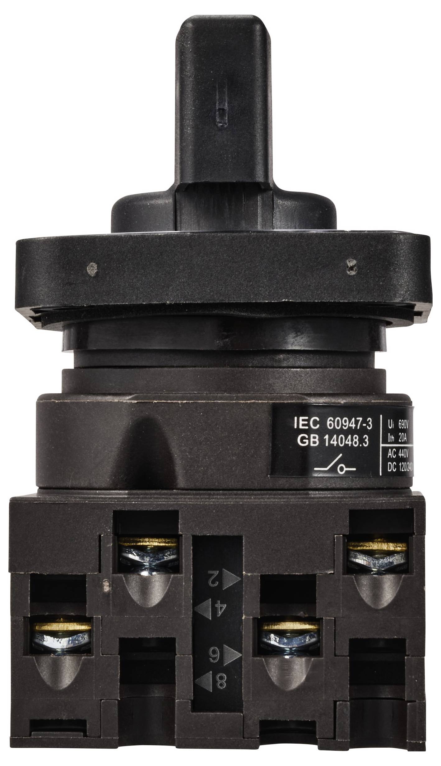 Drehschalter mit schwarzem Hebel und technischen Spezifikationen auf der Vorderseite, darunter 'IEC 60947-3', für industrielle Anwendungen.
