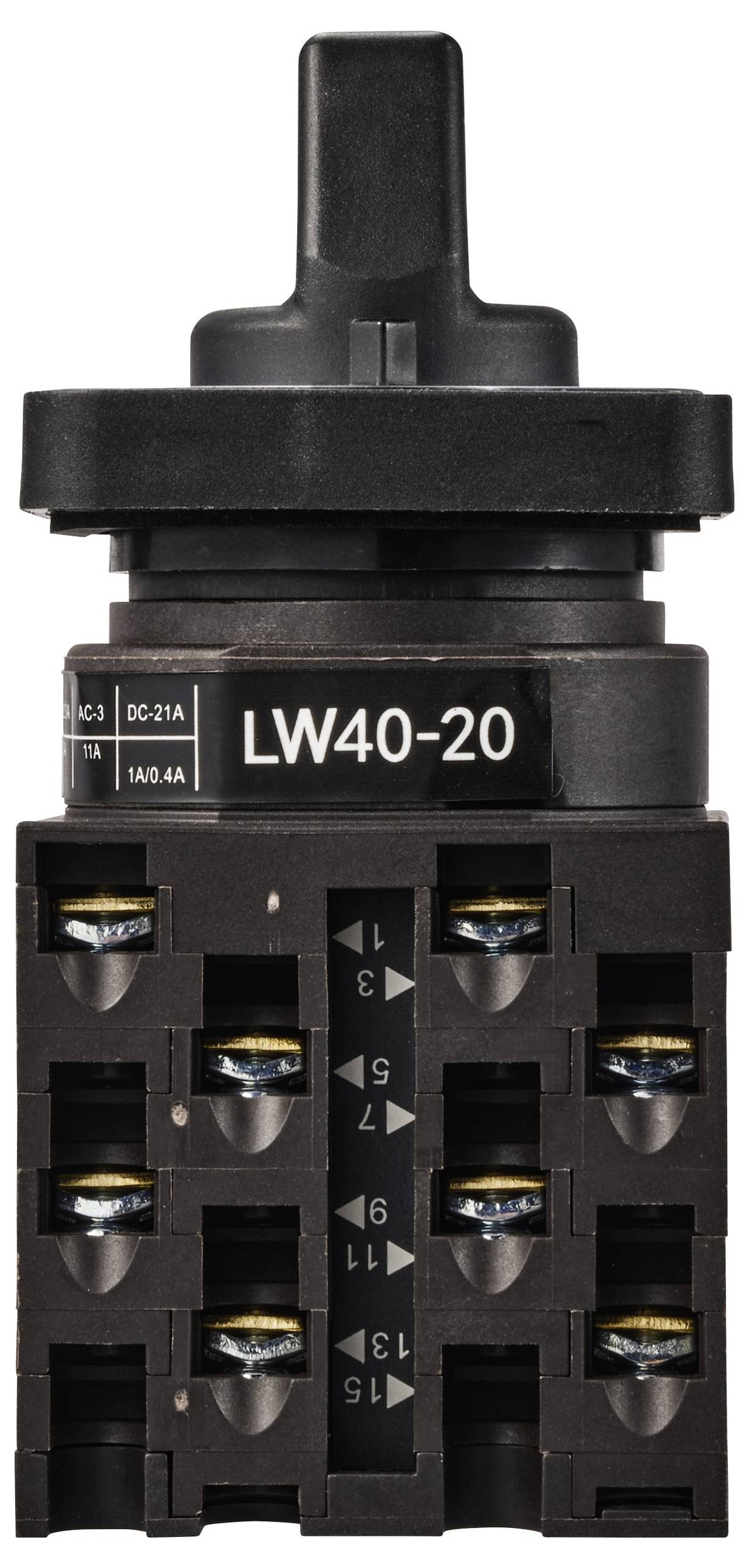 Ein schwarzer Drehschaltertyp LW40-20 mit mehreren Schraubanschlüssen, verwendet zur Steuerung elektrischer Stromkreise.