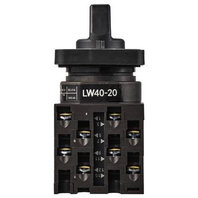 Ein schwarzer Drehschaltertyp LW40-20 mit mehreren Schraubanschlüssen, verwendet zur Steuerung elektrischer Stromkreise.