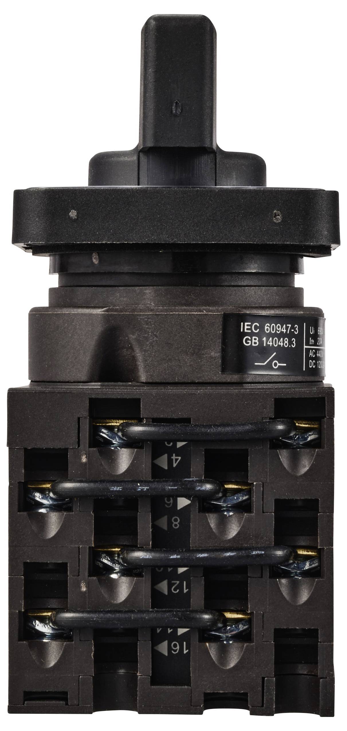 Schwarzes, mehrstufiges Schaltermodul mit Drehknauf. Beschriftet mit 'IEC 60947-3 GB 14048.3'. Verwendet in elektrischen Steuerkreisen.