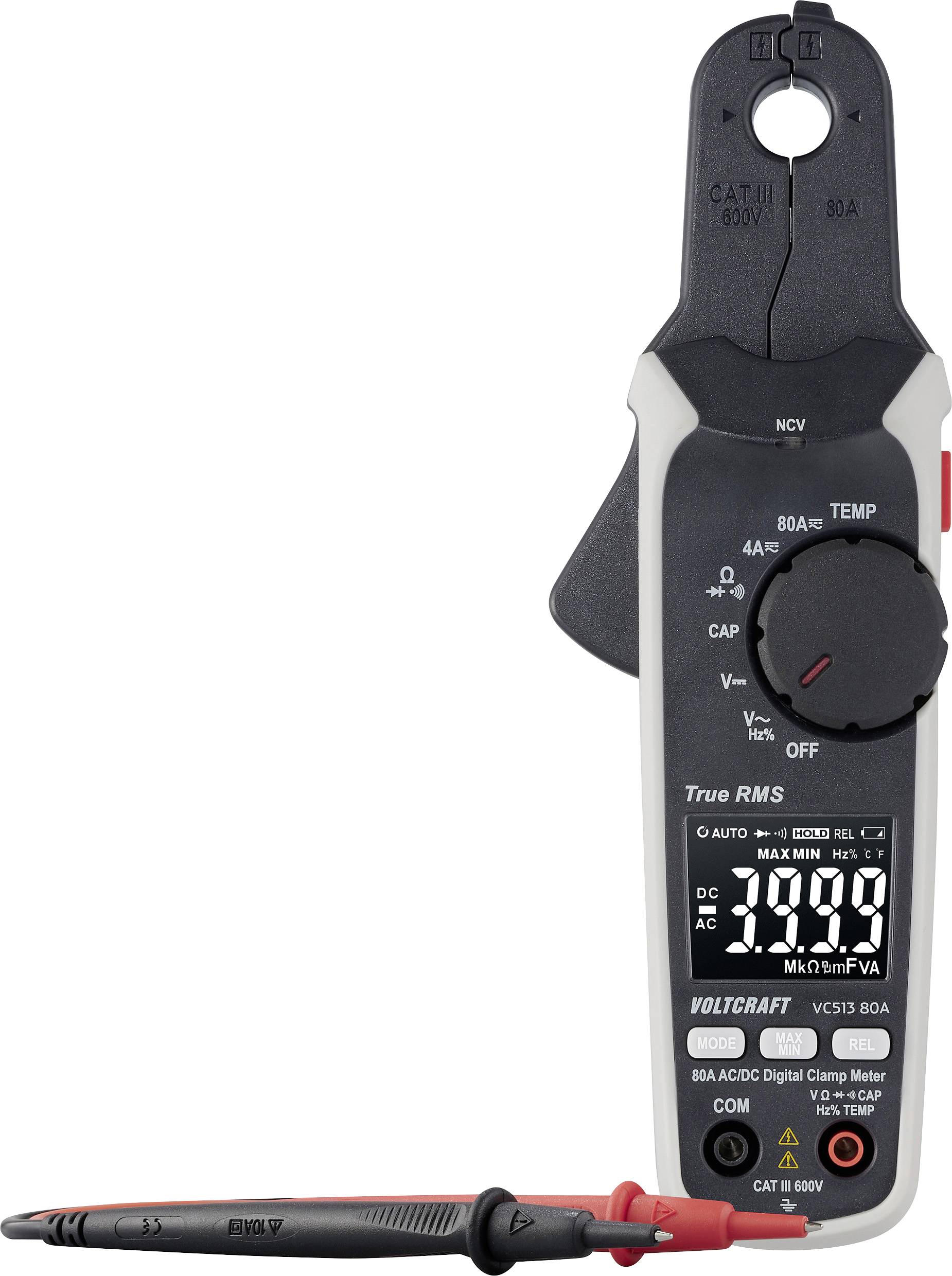 VOLTCRAFT VC513 80A Stromzange Auflösung 1 mA CAT III 600 V Anzeige (Counts): 4000 hochpräzise für Gleichstrom, Ladestro...