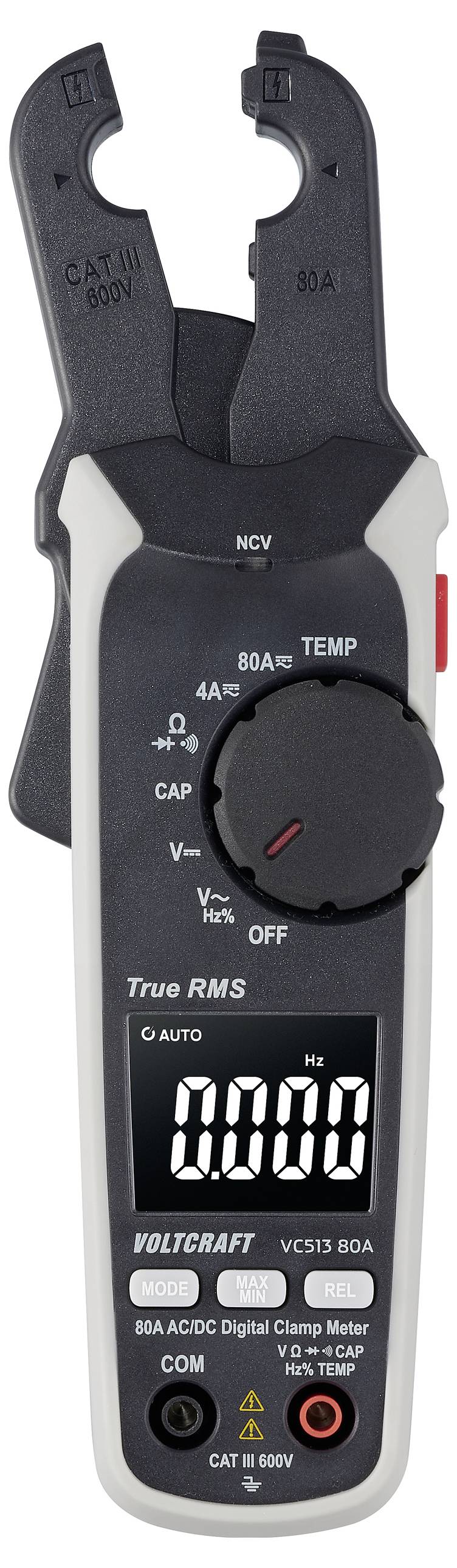 Ein digitales Zangenmessgerät, das '0,000' Hz auf dem Bildschirm anzeigt, mit Bedienelementen zur Messung von Spannung, Widerstand und Stromstärke.