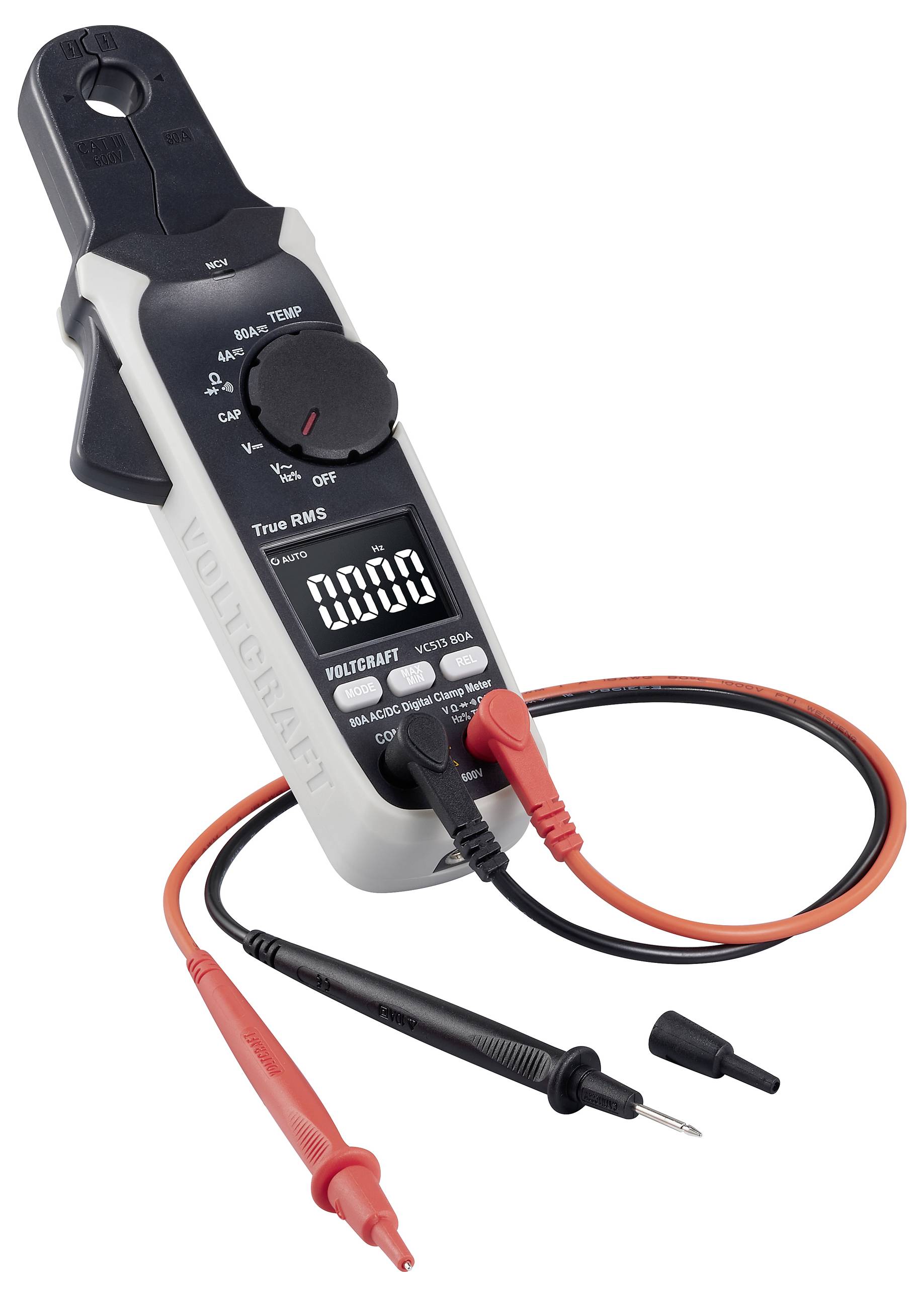 Ein digitales Zangenamperemeter mit einer schwarzen Zange, Drehschalter, digitaler Anzeige und roten und schwarzen Messleitungen für elektrische Messungen.