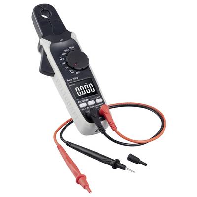 Ein digitales Zangenamperemeter mit einer schwarzen Zange, Drehschalter, digitaler Anzeige und roten und schwarzen Messleitungen für elektrische Messungen.