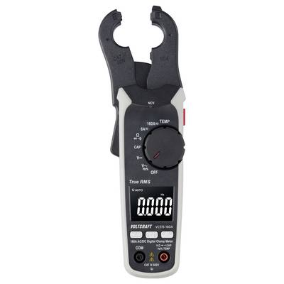 Digitales Zangenmultimeter mit Display zeigt '0.000 Hz'. Funktionen: Strommessung, Spannung, True RMS. Geeignet für Wechsel- und Gleichstrom.