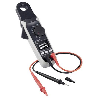 Digitales Handmultimeter mit Zangenfunktion, schwarzem Ziffernblatt und rotem sowie schwarzem Messkabel.