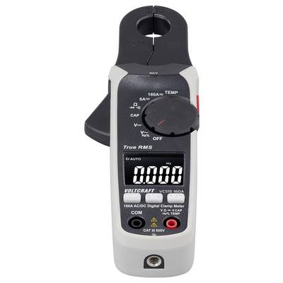 Ein digitales Strommessgerät mit Display zeigt '0.00'. Es ist ein Zangenamperemeter für Stromstärken bis 160A, geeignet für AC/DC-Messungen.