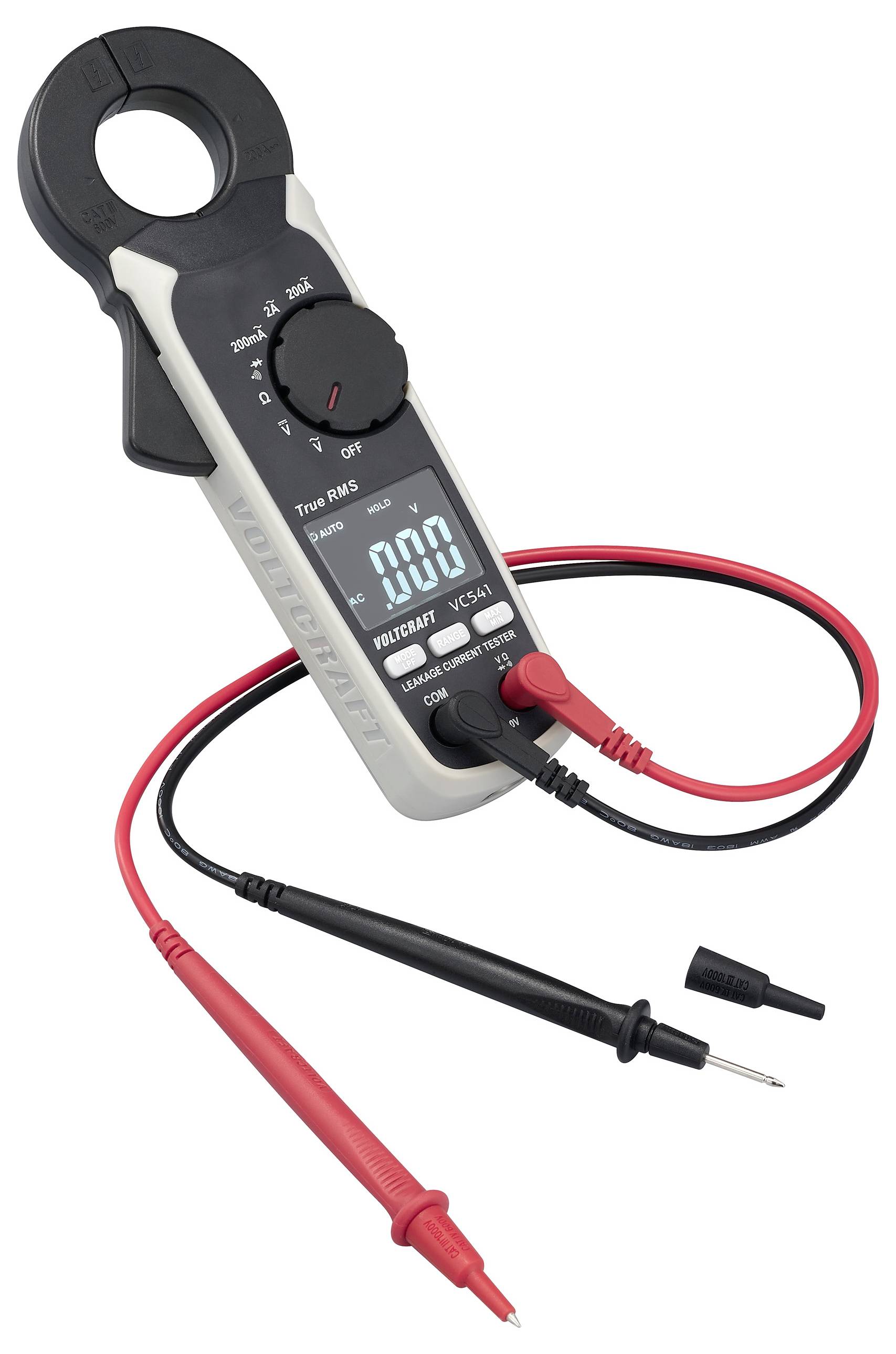 Ein digitales Zangenmultimeter mit einem Display, das '0.00' anzeigt, und zwei Prüfspitzen in Rot und Schwarz für Spannungs- und Strommessung.