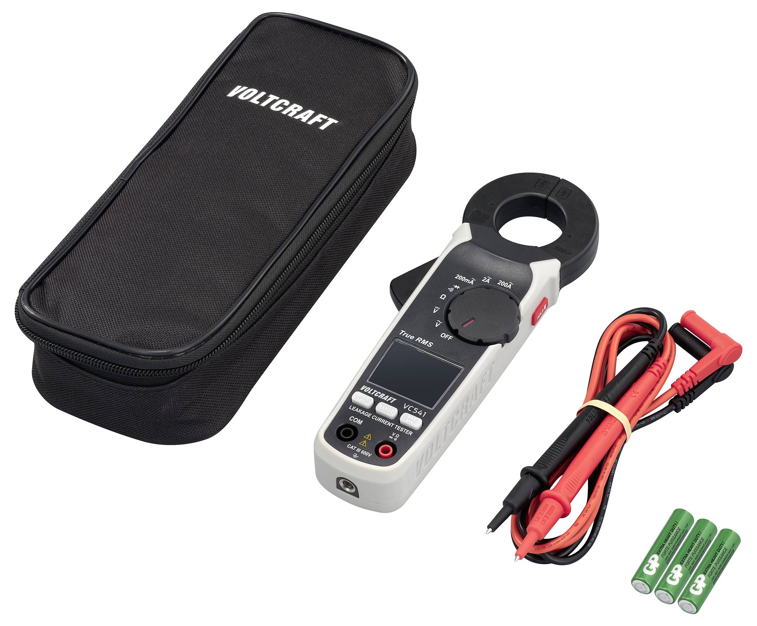 Digital-Multimeter mit Zangenfunktion, Voltcraft-Marke. Enthält ein schwarzes Etui, rote und schwarze Messleitungen und grüne Batterien.