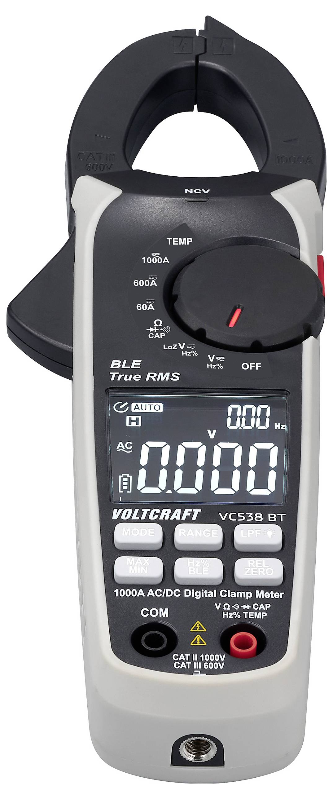 Digitales Stromzangen-Multimeter mit Display zeigt Messwert von 0,000 an. Tasten zur Bedienung und Skala für Ampere-Messung sichtbar.