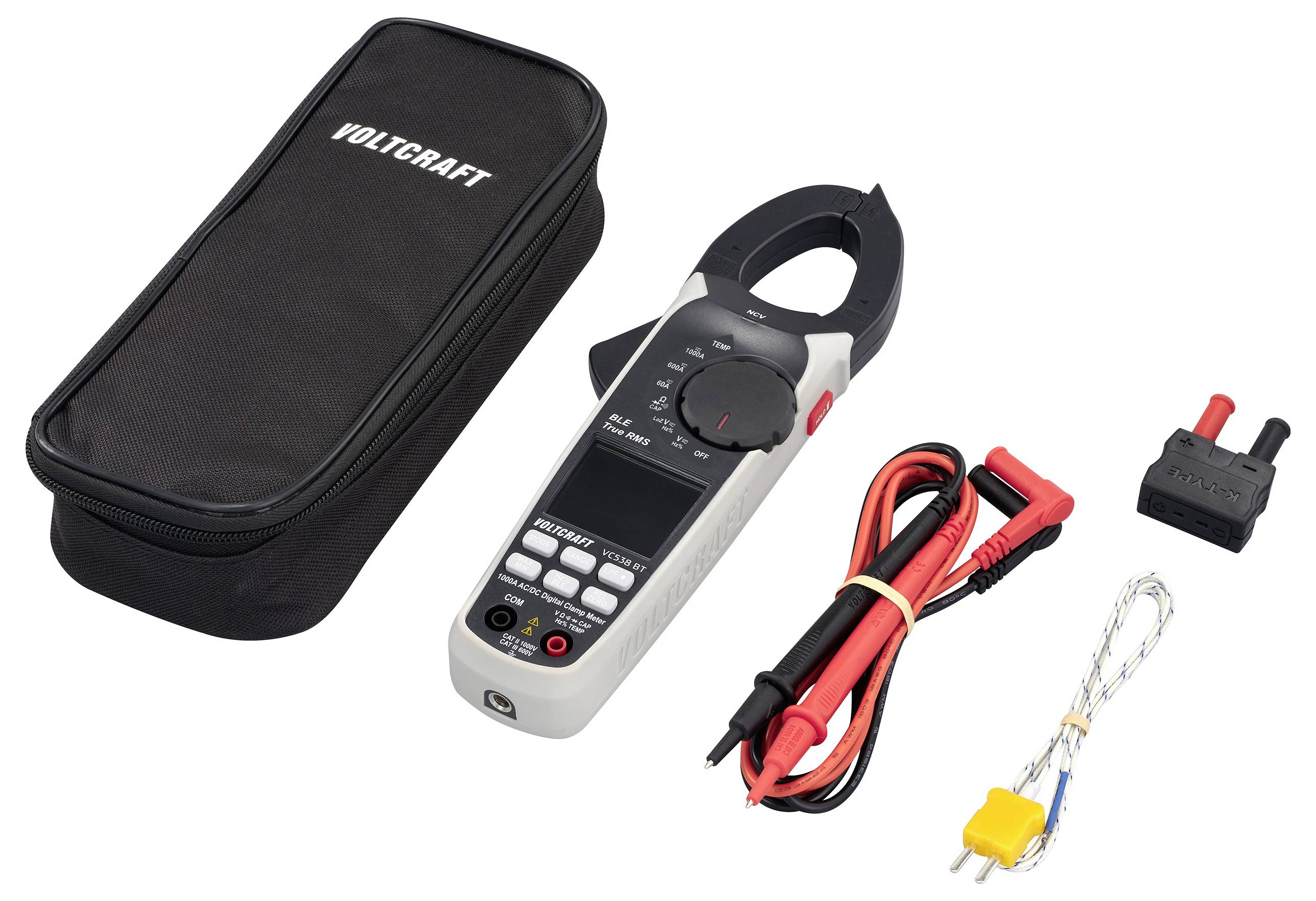 Digital-Messgerät-Kit: Spannungsmessgerät, Kabel, Adapter und Tragetasche, Markenname auf Tasche sichtbar.