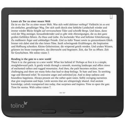 Ein E-Reader zeigt englischen und deutschen Text über die Bedeutung des Lesens als Zugang zu neuen Welten.