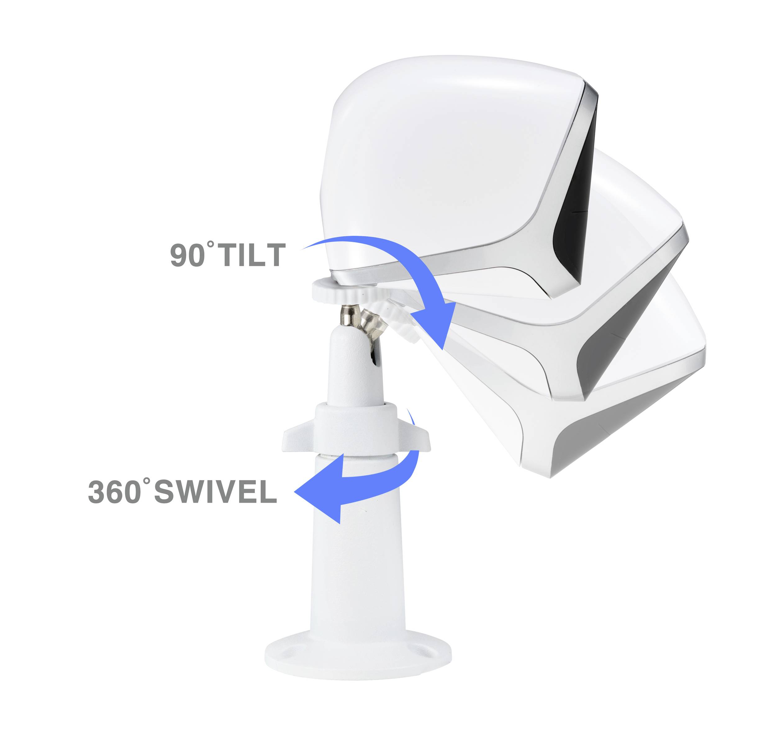 Überwachungskamera-Halterung mit 360°-Drehung und 90°-Neigung zur flexiblen Ausrichtung des Kamerawinkels.