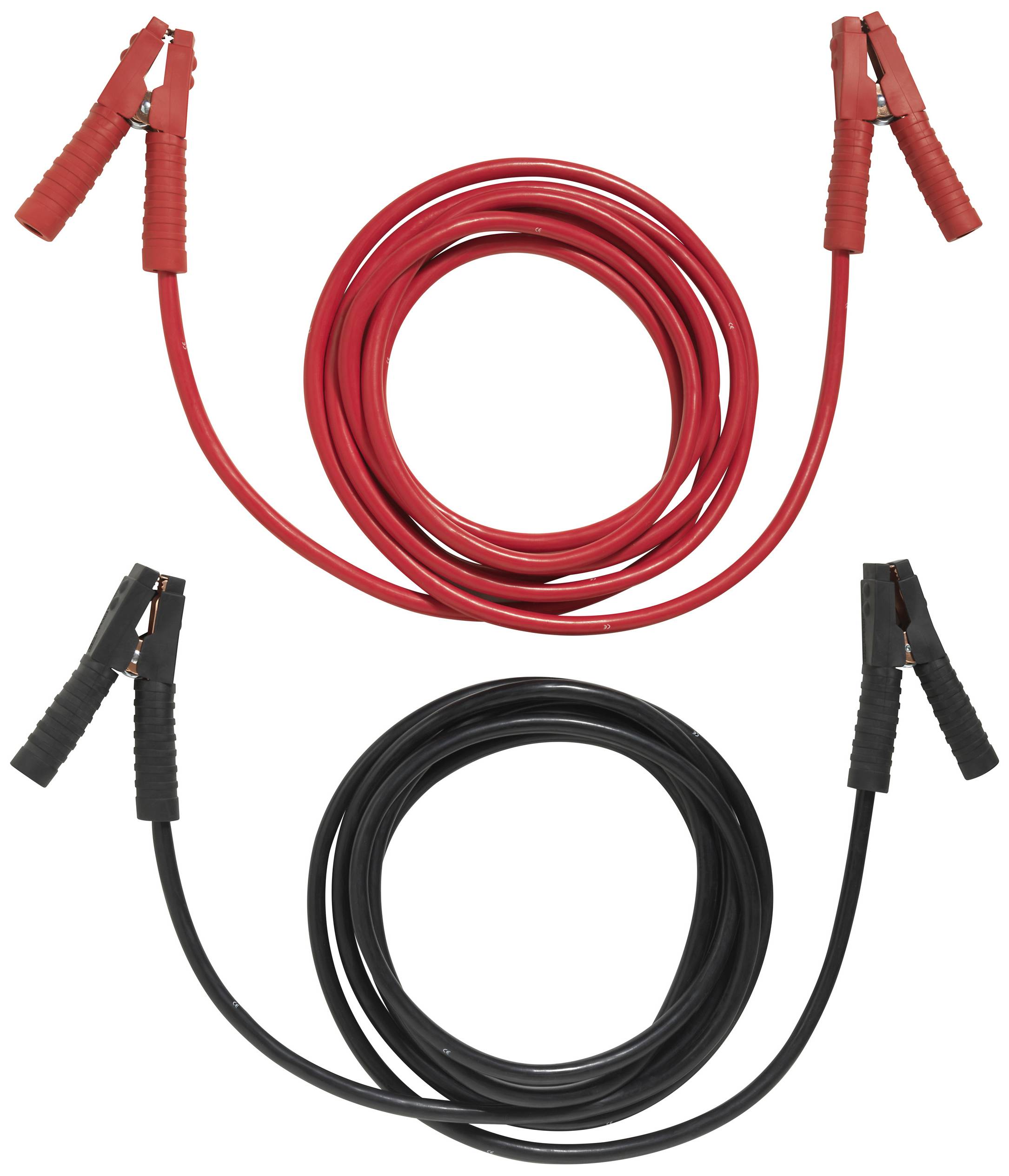 Rote und schwarze Starthilfekabel mit Klemmen, aufgerollt und spiegelbildlich angeordnet.