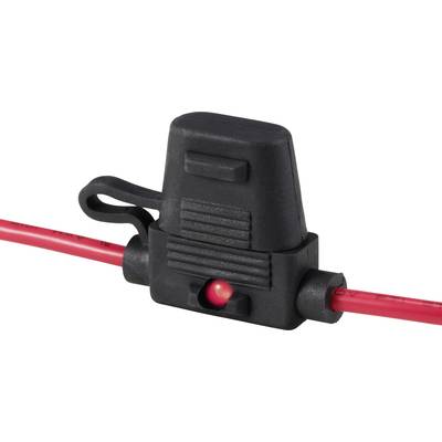 Ein schwarzer Sicherungshalter mit rotem Draht, geeignet für elektrische Installationen.