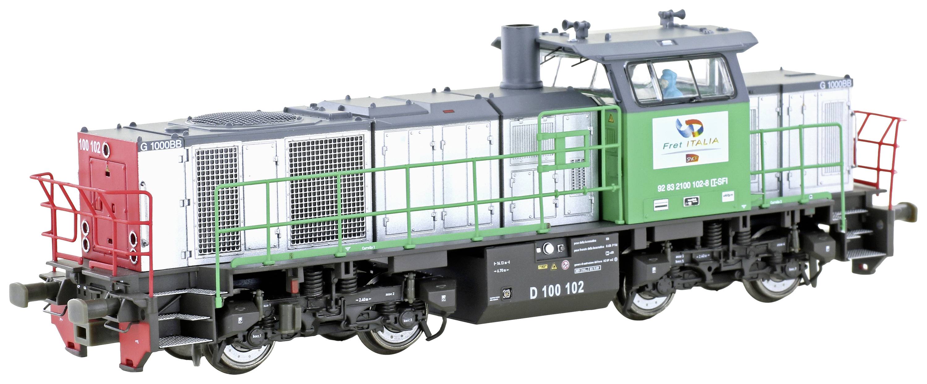 Ein Modell einer grünen Lokomotive mit roten und weißen Akzenten, seitliche Aufschrift 'D 100 102'. Es wird von FS Italia verwendet.