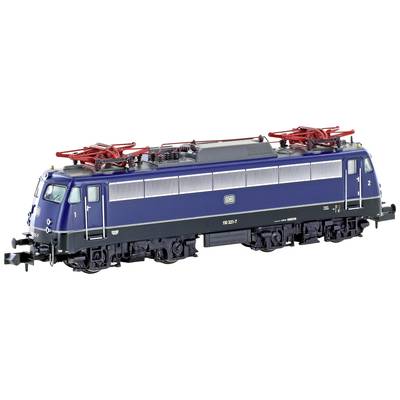 Blaue Modelllokomotive auf weißem Hintergrund, seitliche Ansicht, mit detaillierten Stromabnehmern und Beschriftungen, Maßstab 1:87.