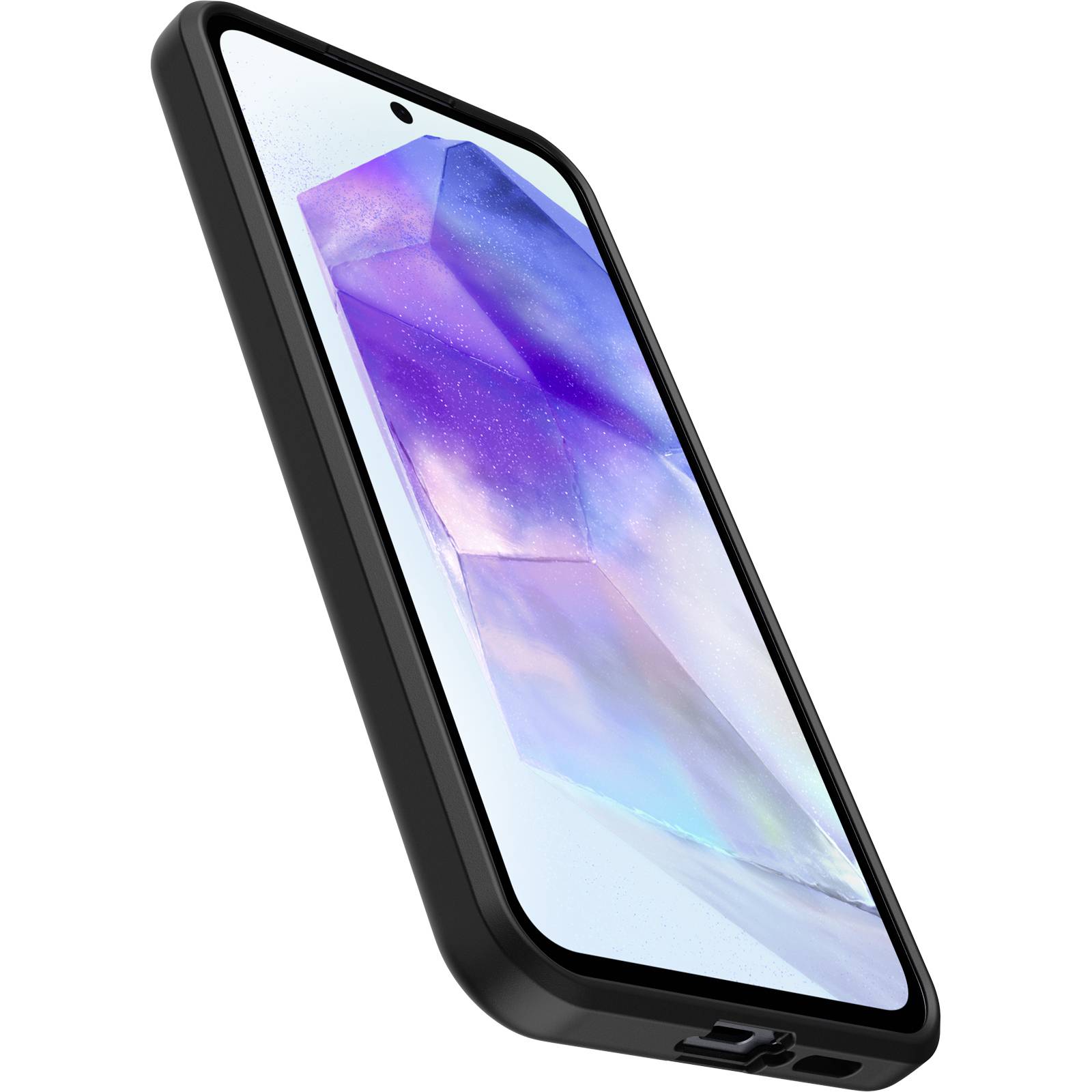 Ein modernes Smartphone mit großem Display auf einem weißen Hintergrund. Bildschirm zeigt ein buntes geometrisches Design.