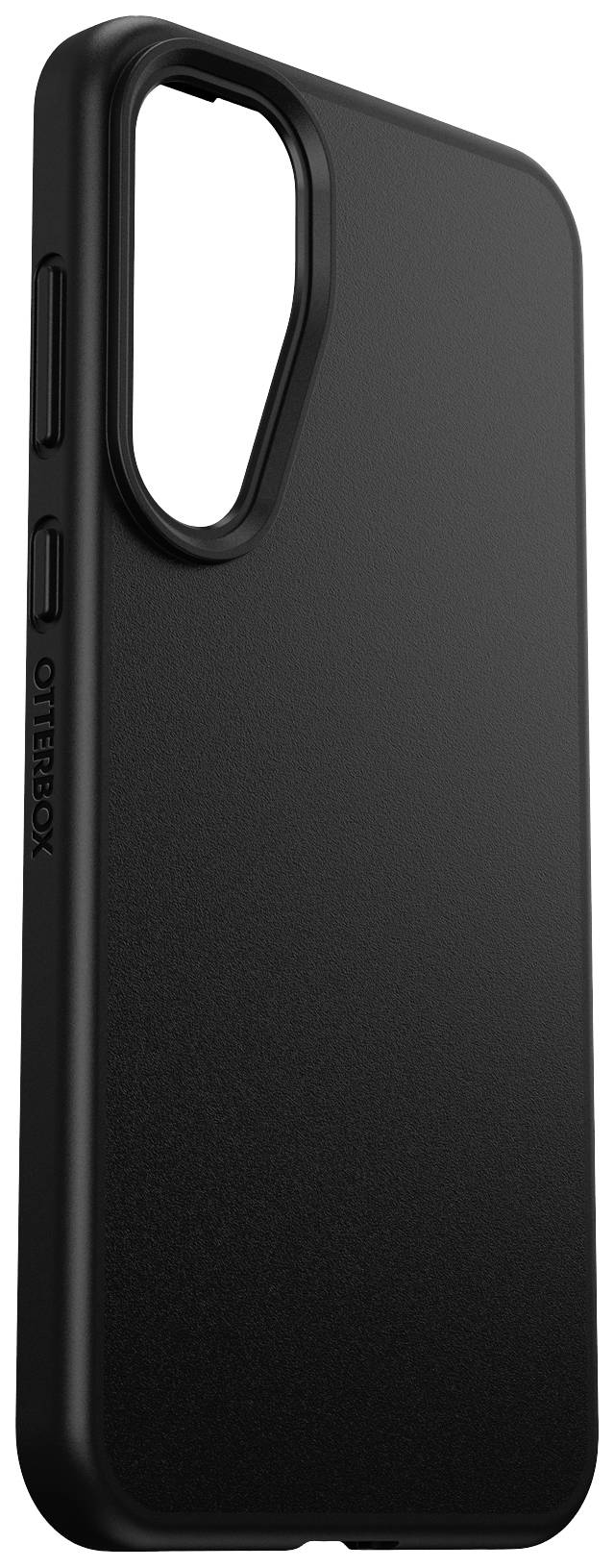 Schwarze Smartphone-Hülle von der Seite, mit Aussparungen für Kamera und Tasten, schlichtes Design, passend für ein modernes Telefonmodell.