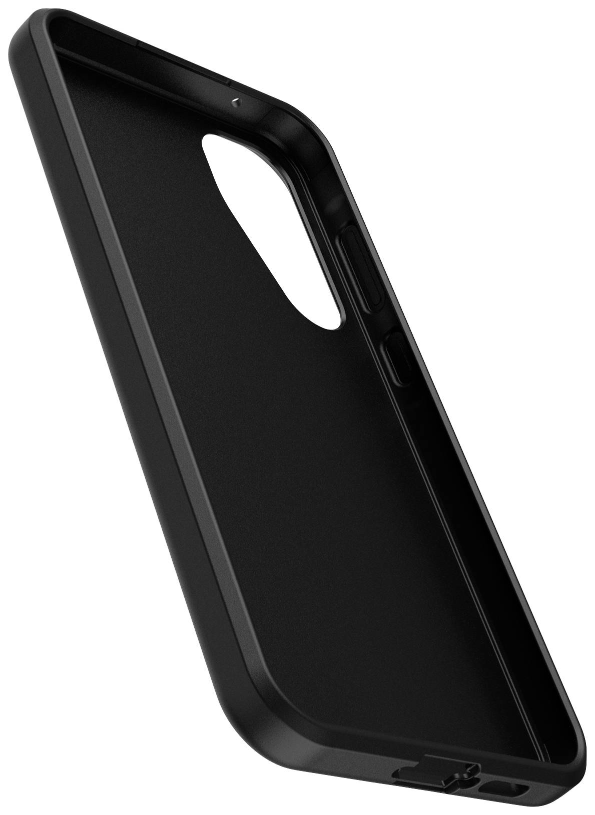 Schwarze Smartphonehülle, schlichter Stil, zeigt Seitenansicht mit Aussparungen für Tasten und Kamera.