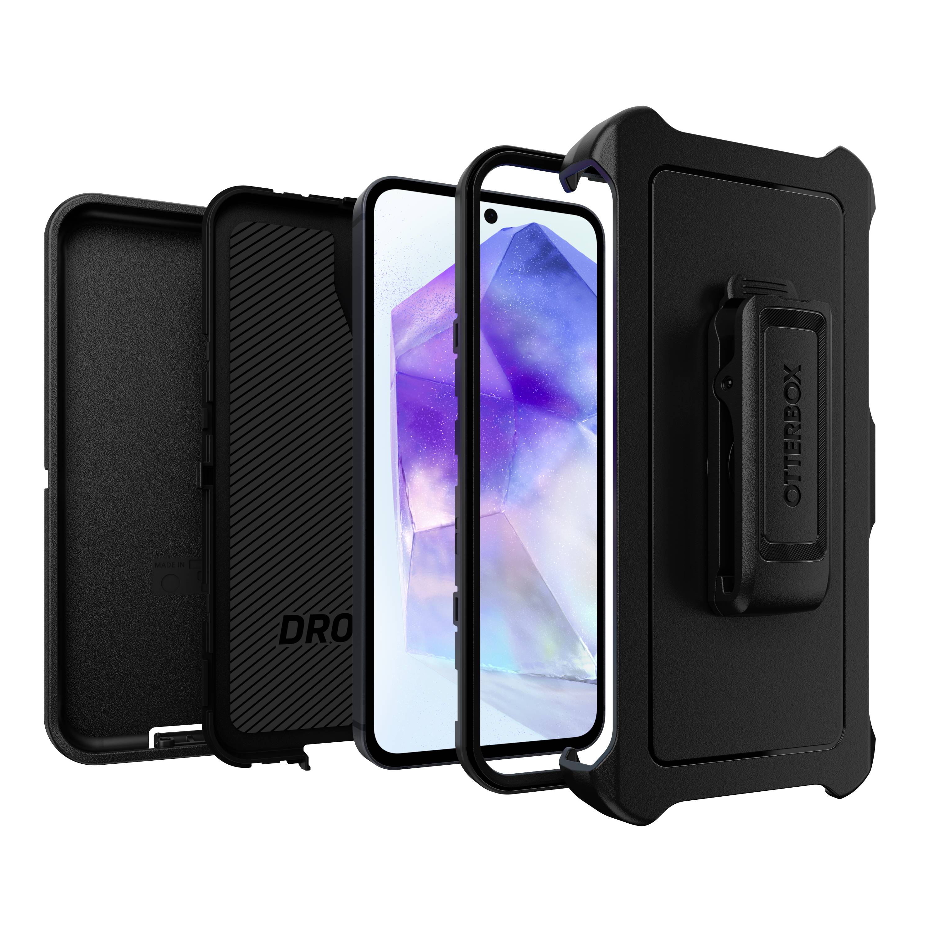 Zerlegtes Smartphone-Case mit robustem Design. Zeigt Schichten: Innenhülle, Außenhülle, Displayschutz und Gürtelclip.