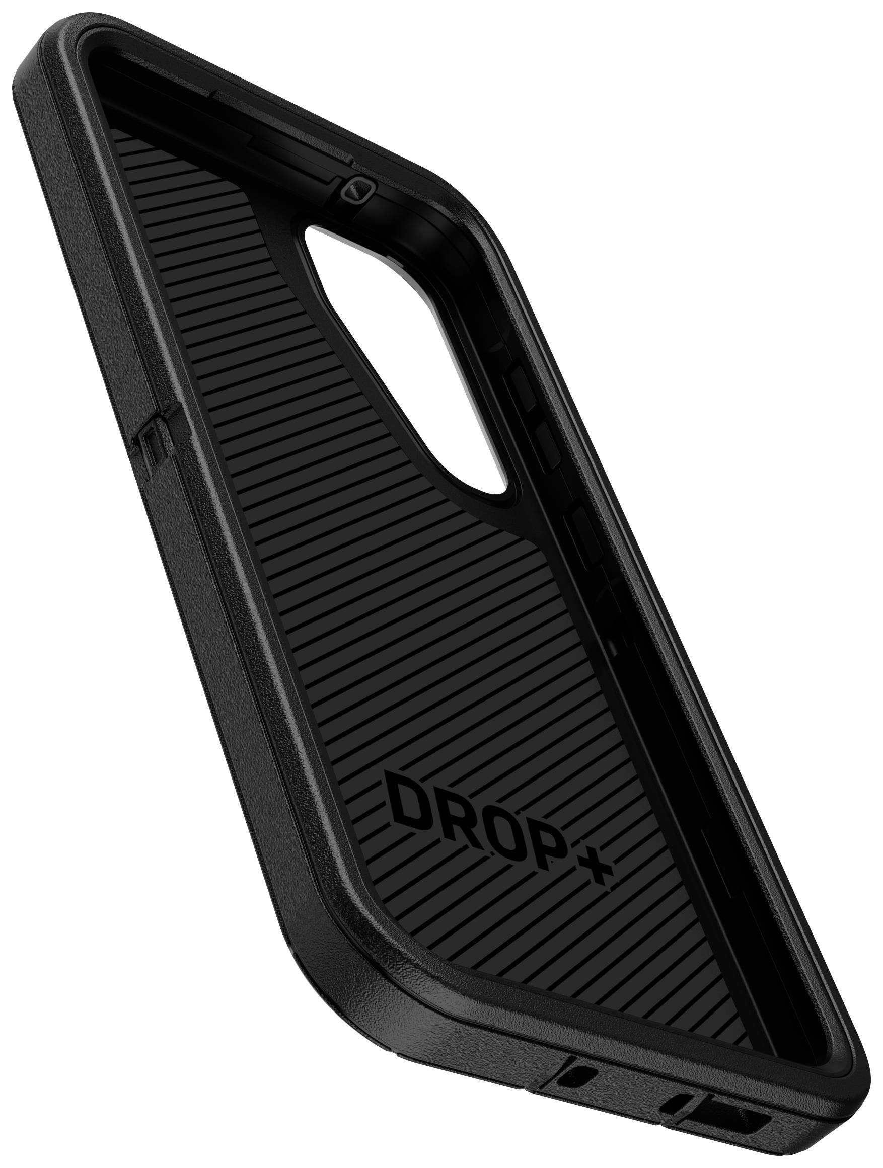 Schwarze Smartphone-Hülle mit Erhebung für Kameraausschnitt, stabil gebaut, vertikale Rillen im Innenbereich, Marke 'DROP+'.
