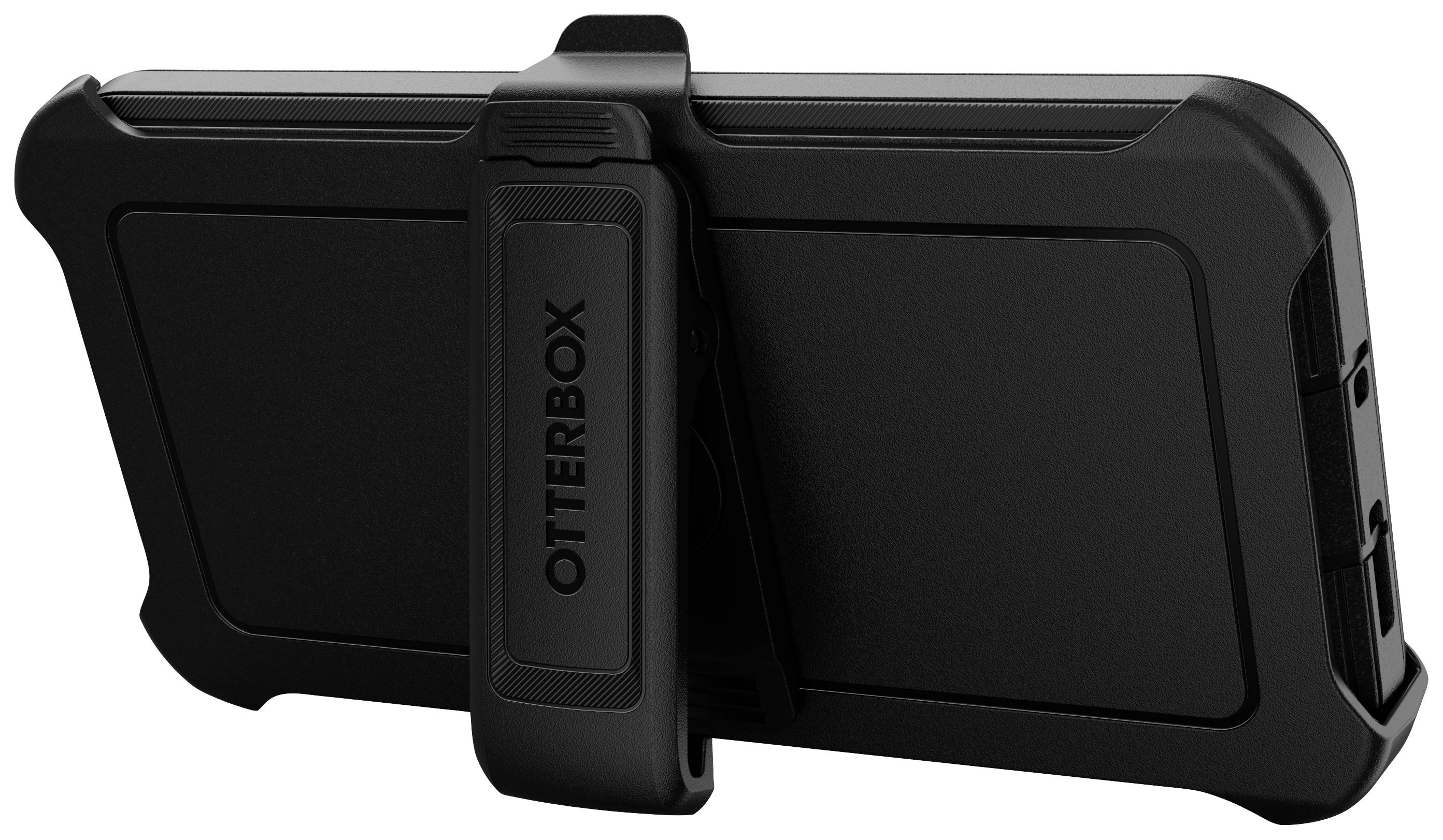 Ein schwarzes Smartphone-Case mit eingebautem Ständer in horizontaler Ausrichtung aufgestellt.