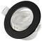 Ein schwarzer, runder LED-Einbaustrahler mit weißem Rahmen, geeignet für Innenbeleuchtung, zeigt die Lampe im Detail.
