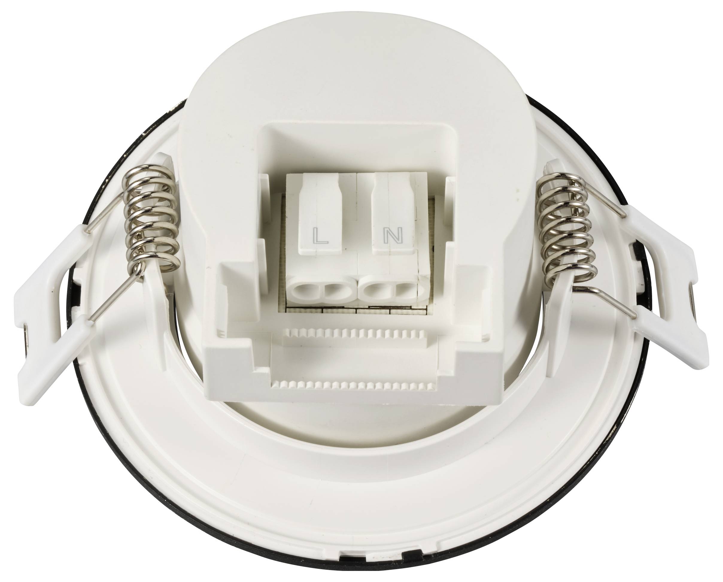 LED-Deckeneinbauspot mit zwei Federklemmen und markierten Anschlüssen 'L' und 'N' für einfache Installation.