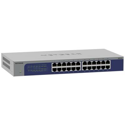 'Netgear GS324 Ethernet-Switch in Metallgehäuse mit 24 Ports, LED-Statusanzeigen und Lüftungsschlitzen an der Seite.'