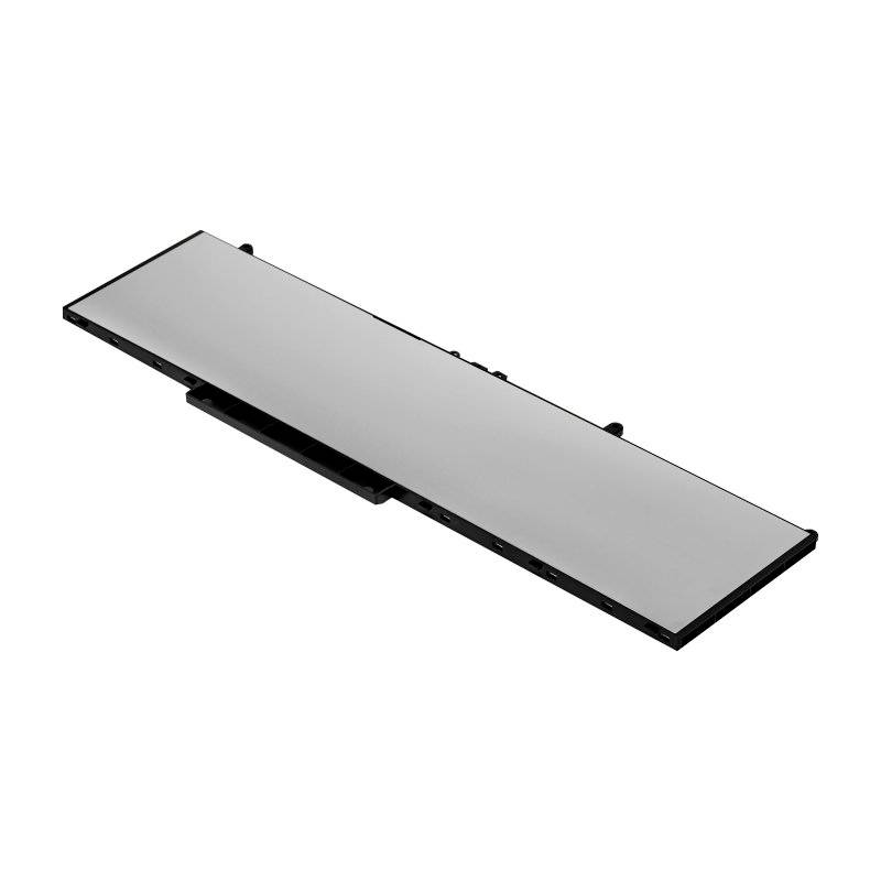 Schmale, rechteckige, silberne Gegenstand, möglicherweise eine Laptop-Batterie, auf weißem Hintergrund, keine weiteren Details sichtbar.