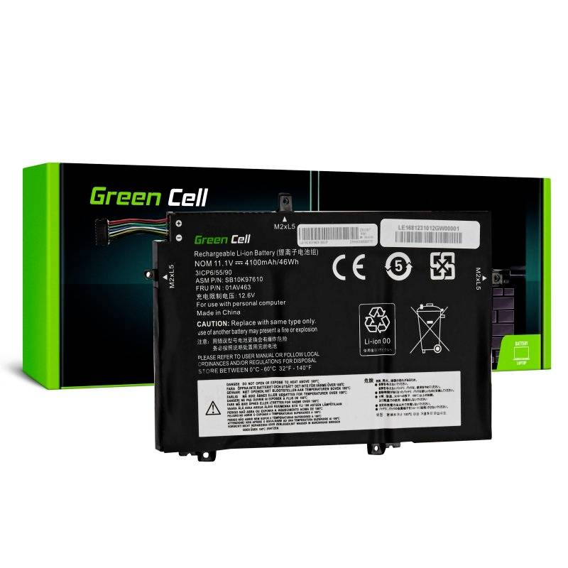'Green Cell' Ersatz-Laptopakku mit technischen Details und Warnhinweisen auf der Vorderseite, im Hintergrund originalverpackt.
