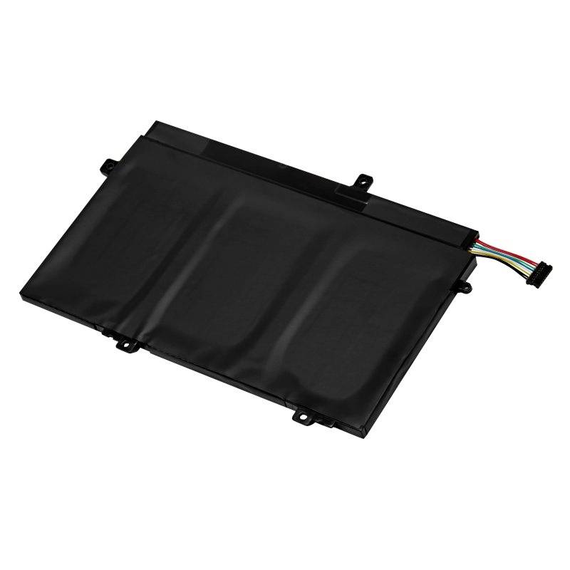 Ein rechteckiger, schwarzer Lithium-Ionen-Akku mit mehreren farbigen Anschlussdrähten an der Seite.