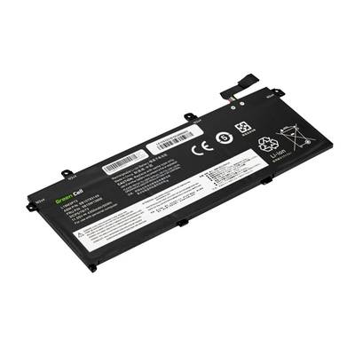 Schwarze Laptop-Batterie mit Aufdrucken wie das CE-Zeichen, Recycling-Symbol und technischer Information. Ausstattung mit Kabelanschluss.