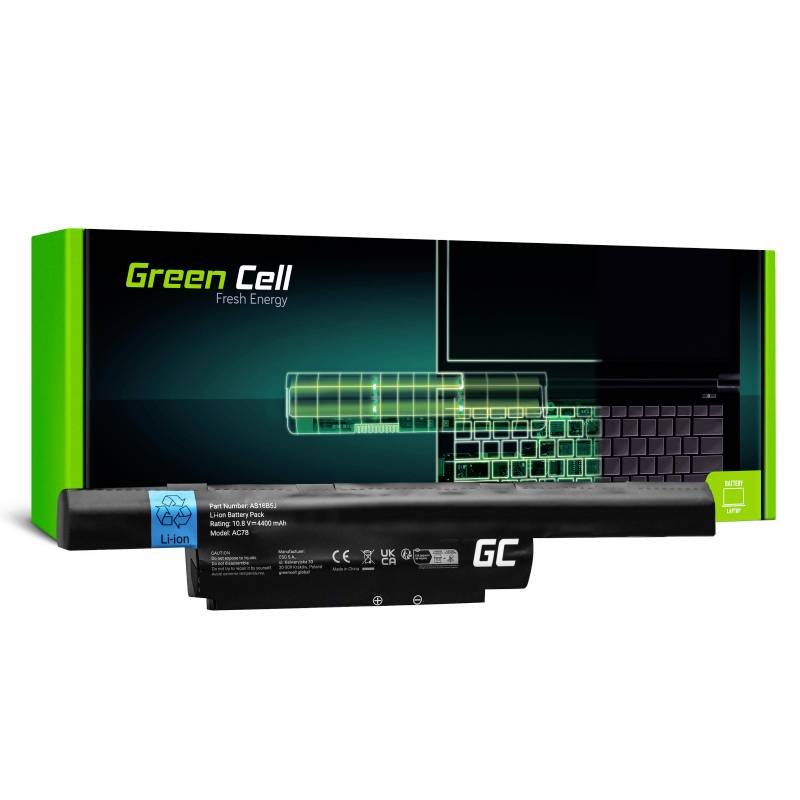 Eine Laptop-Batterie von der Marke Green Cell vor einer Verpackung mit dem Schriftzug 'Green Cell Fresh Energy'.