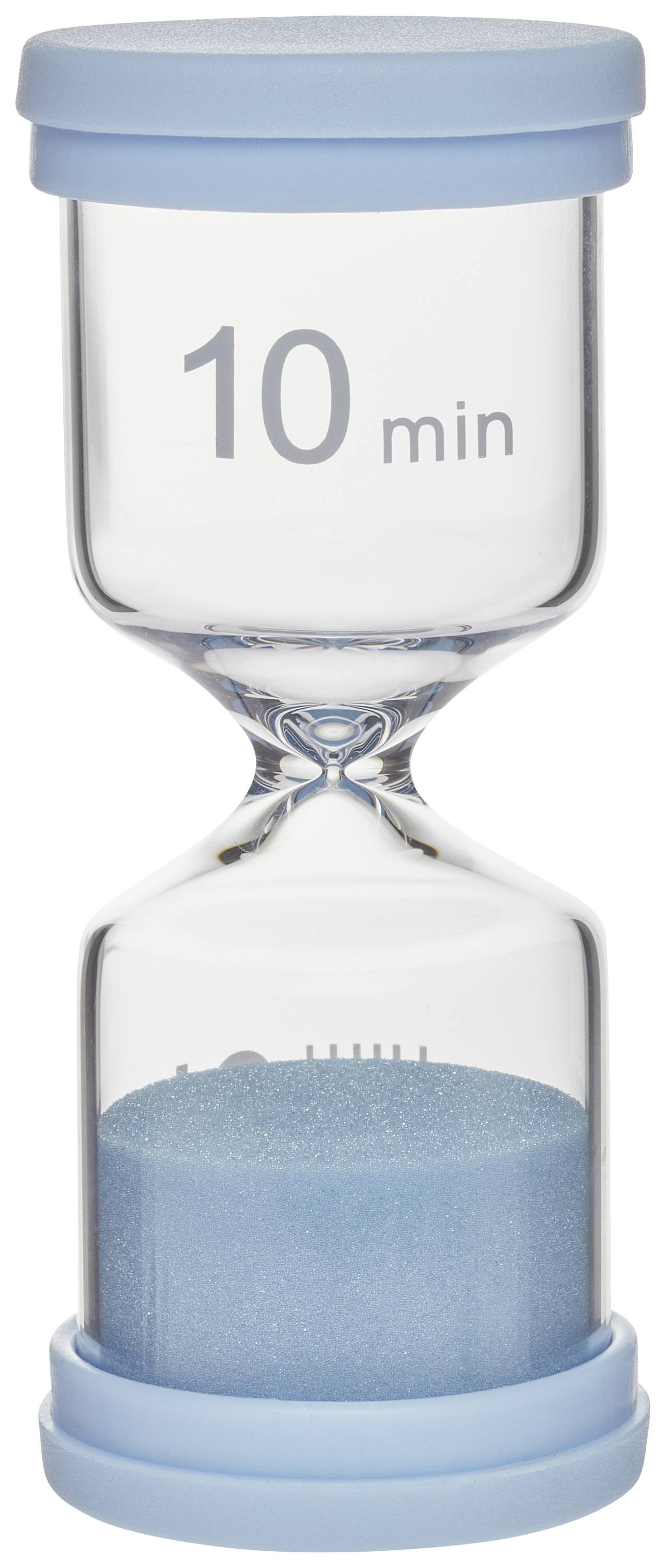Sanduhr mit blauer Kappe und blauem Sand zeigt '10 min'.