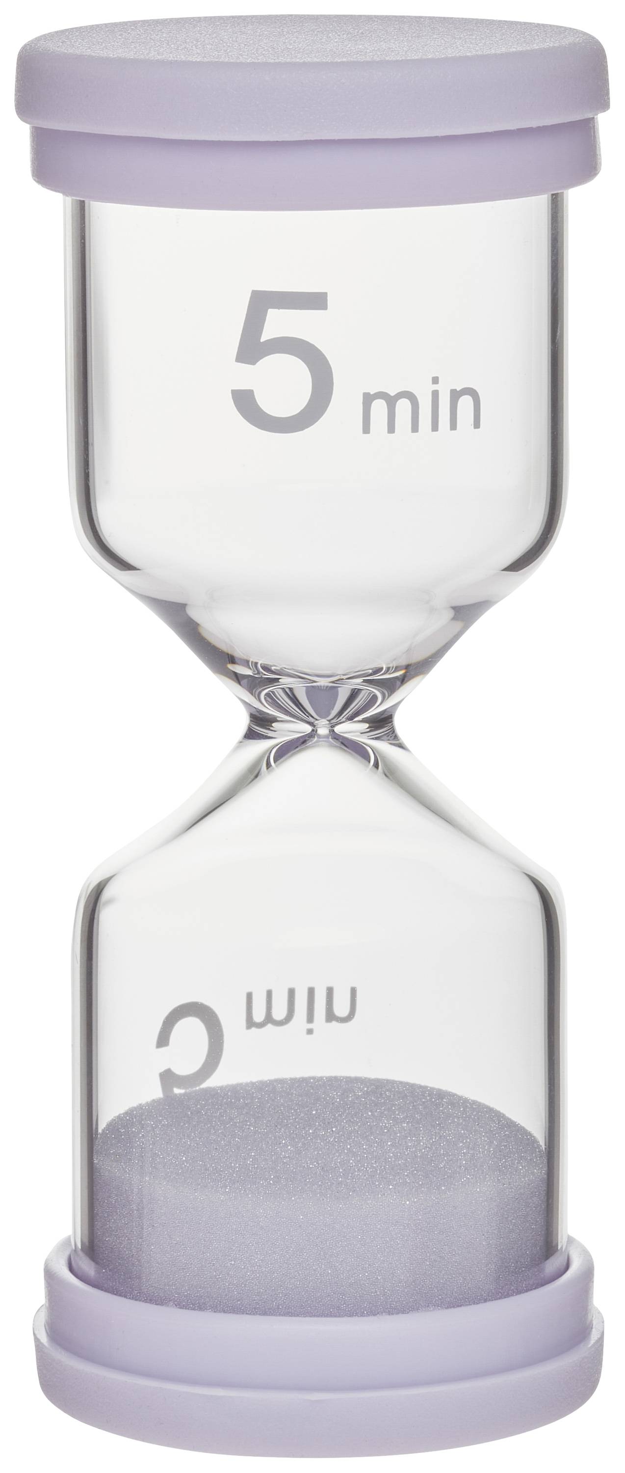 Eine Sanduhr mit lila Endkappen zeigt '5 min'. Der obere Teil ist leer, während Sand in den unteren Teil rieselt.