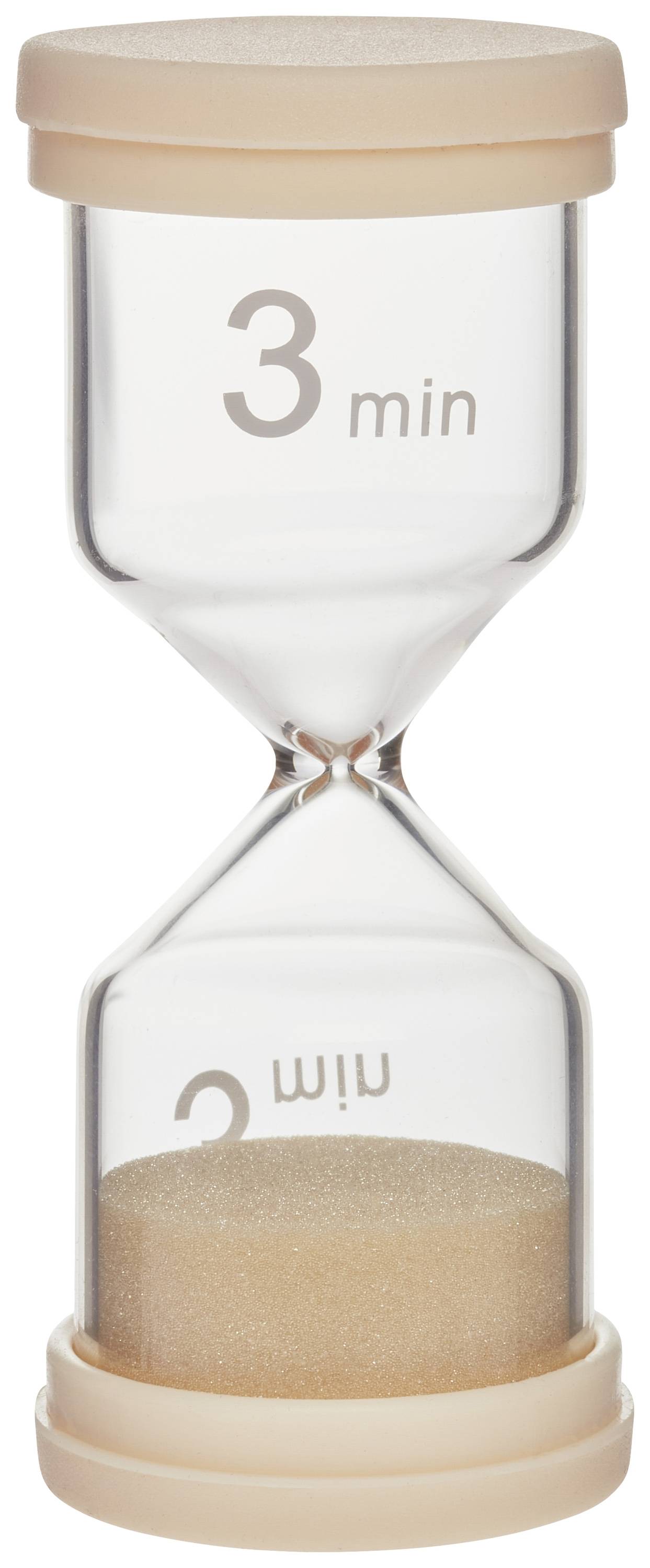 Eine Sanduhr mit rosafarbenen Kappen zeigt '3 min' an. Der Sand ist zur Hälfte durchgerieselt, was die Zeitverbleib von 1,5 Minuten andeutet.
