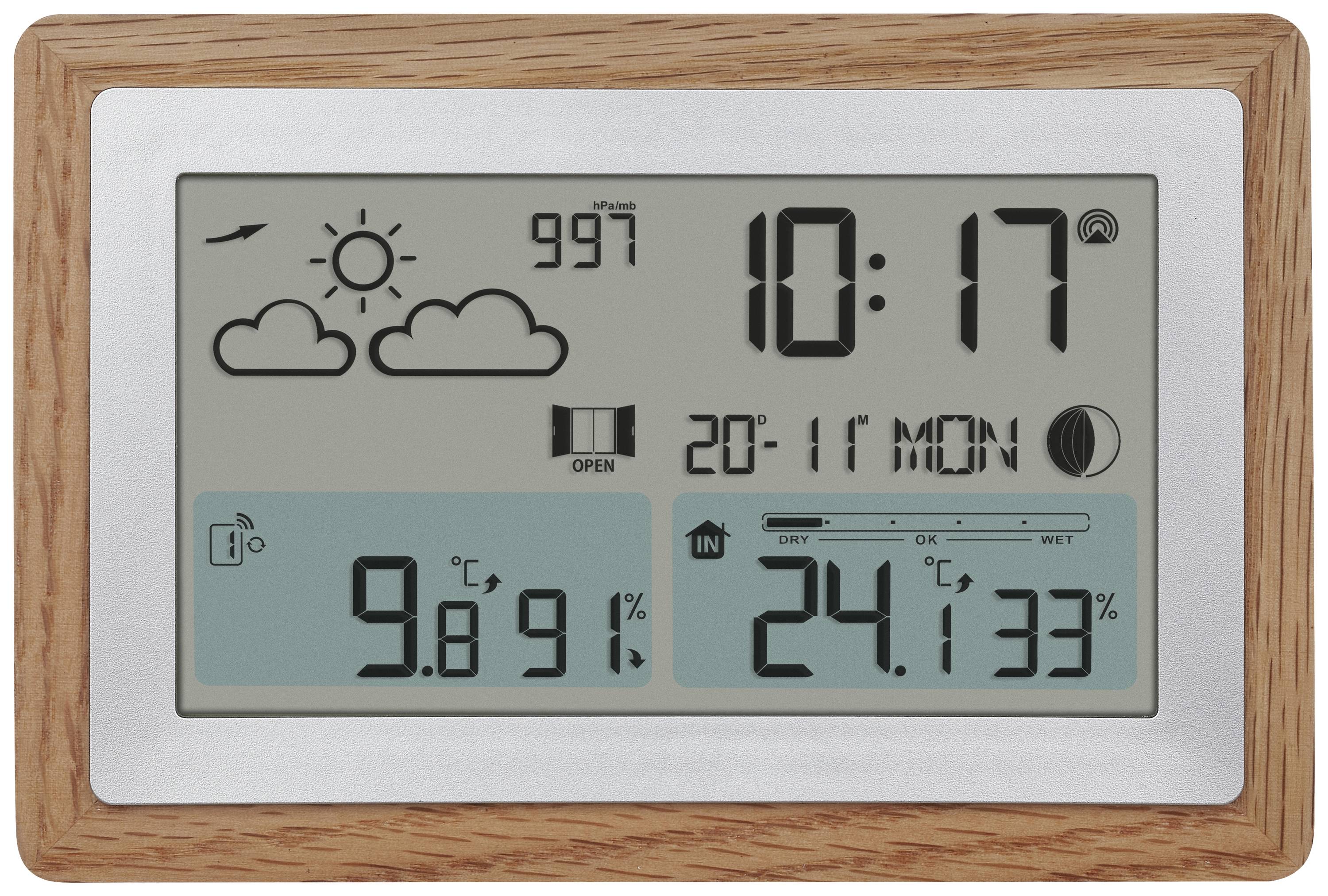 Wetterstation mit digitalem Display zeigt: 9,8°C, 91% Luftfeuchtigkeit draußen; 24,1°C, 33% Luftfeuchtigkeit innen; Uhrzeit 10:17 Montag.