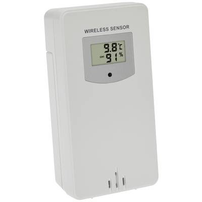 Ein kabelloser Sensor mit Display zeigt '9.8°C' Temperatur und '91%' Luftfeuchtigkeit. Gerät ist rechteckig und weiß.