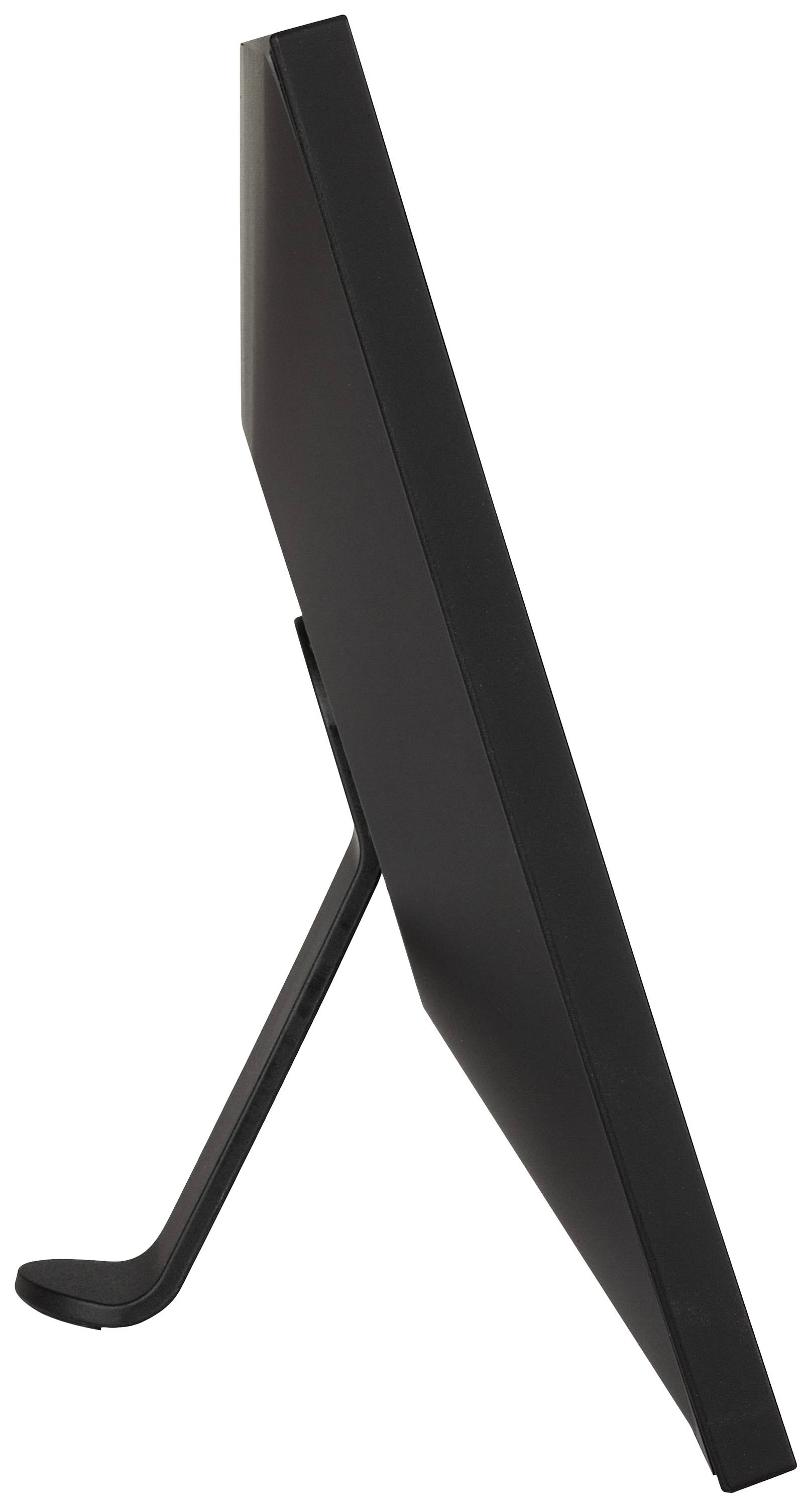 'Seitliche Ansicht eines schwarzen Monitors mit schlankem Design auf einem stabilen Standfuß.'