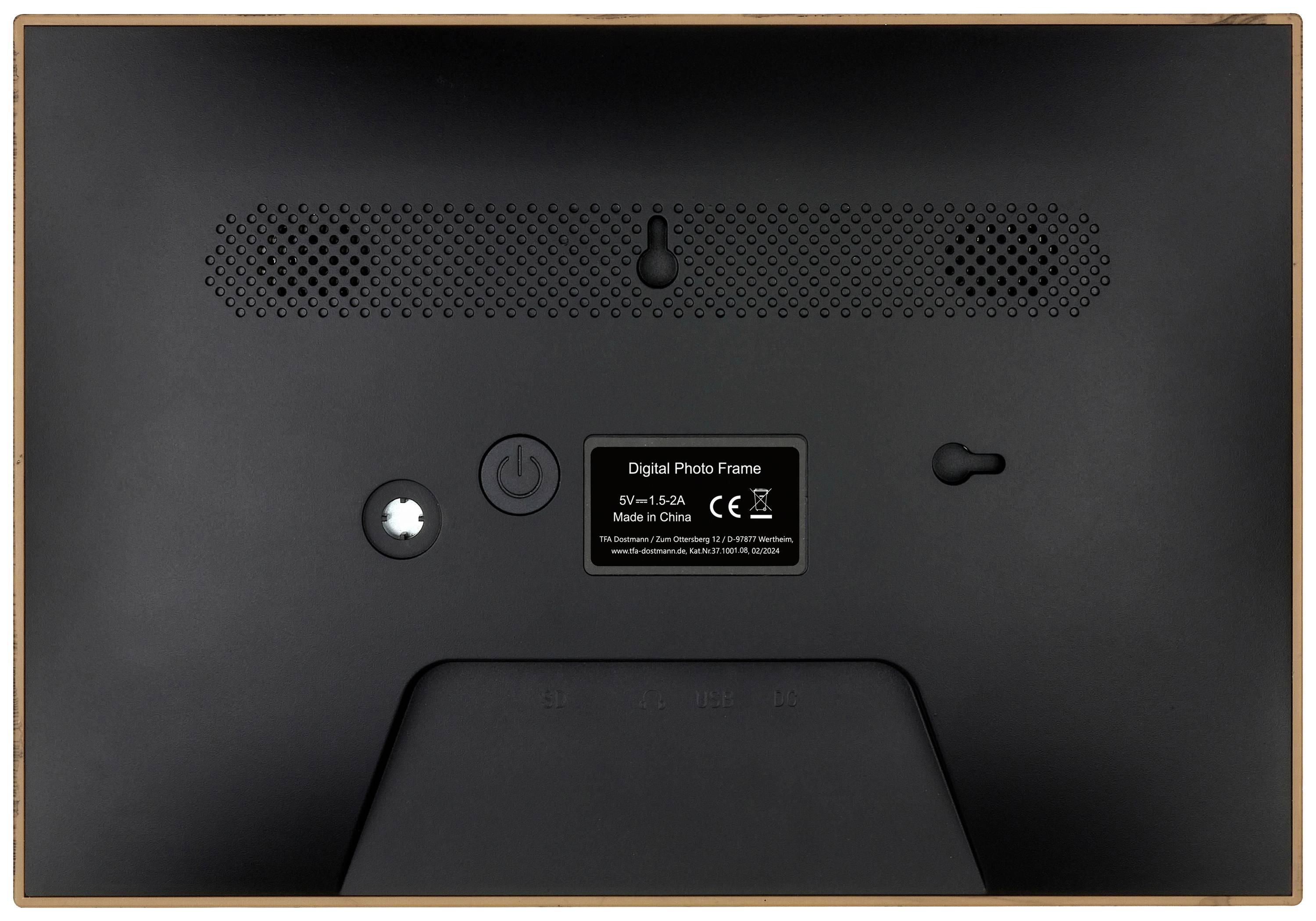 Rückseite eines digitalen Bilderrahmens mit Netzschalter und Lautsprechergitter. Wandhalterungspunkte sind sichtbar.