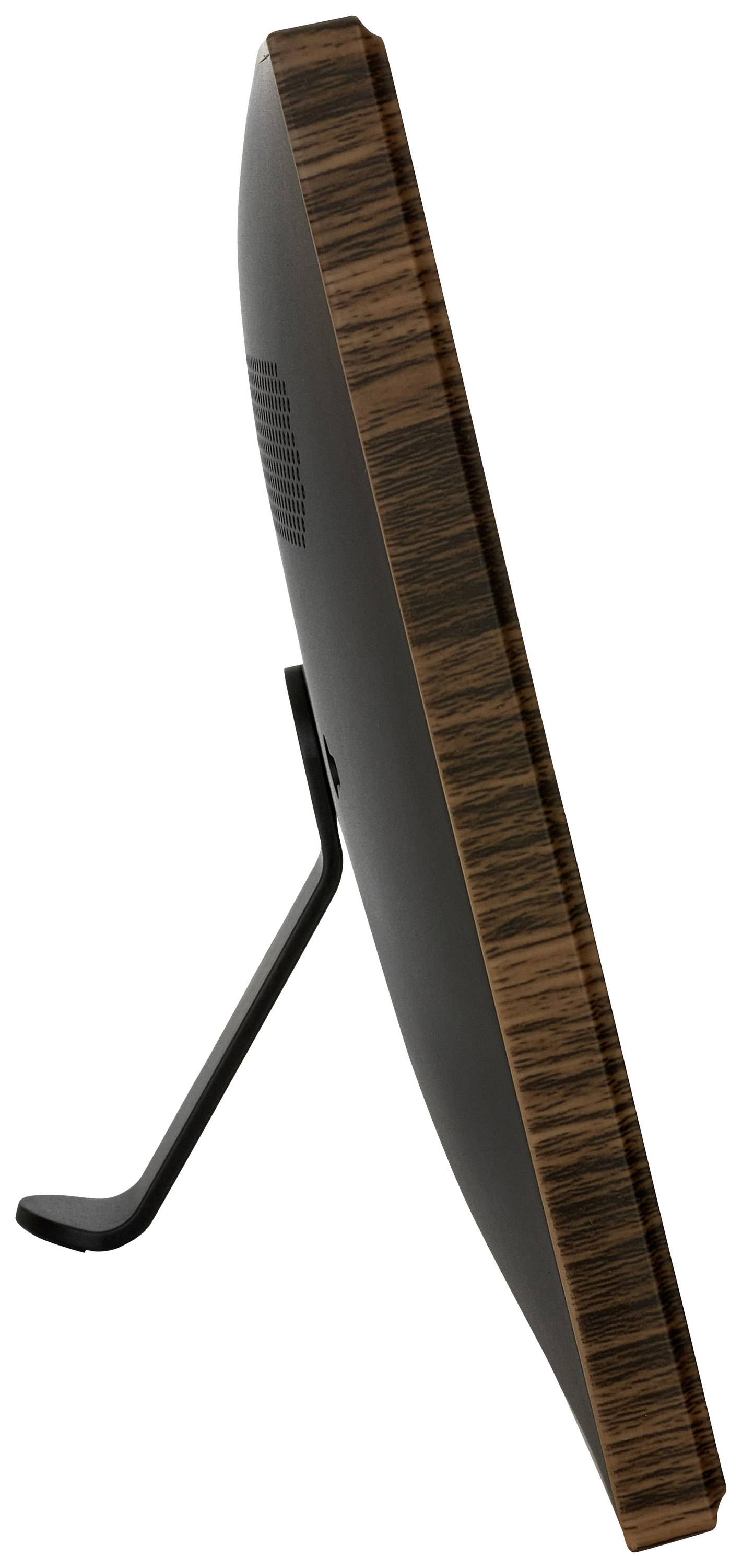 Seitenansicht eines digitalen Fotorahmens mit Holzoptik und Ständer.