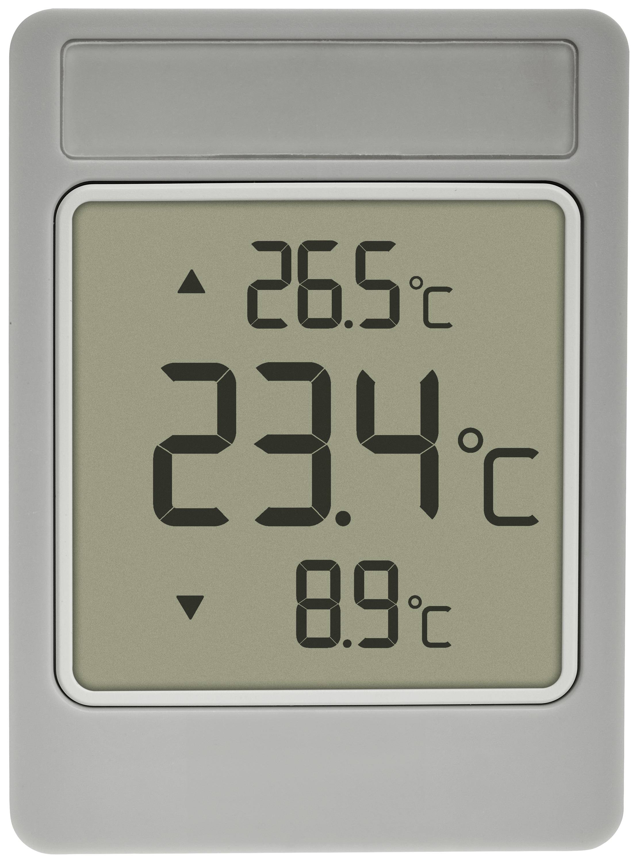 Ein digitales Thermometer zeigt 26,5 Grad Celsius oben, 23,4 Grad Celsius in der Mitte und 8,9 Grad Celsius unten an.
