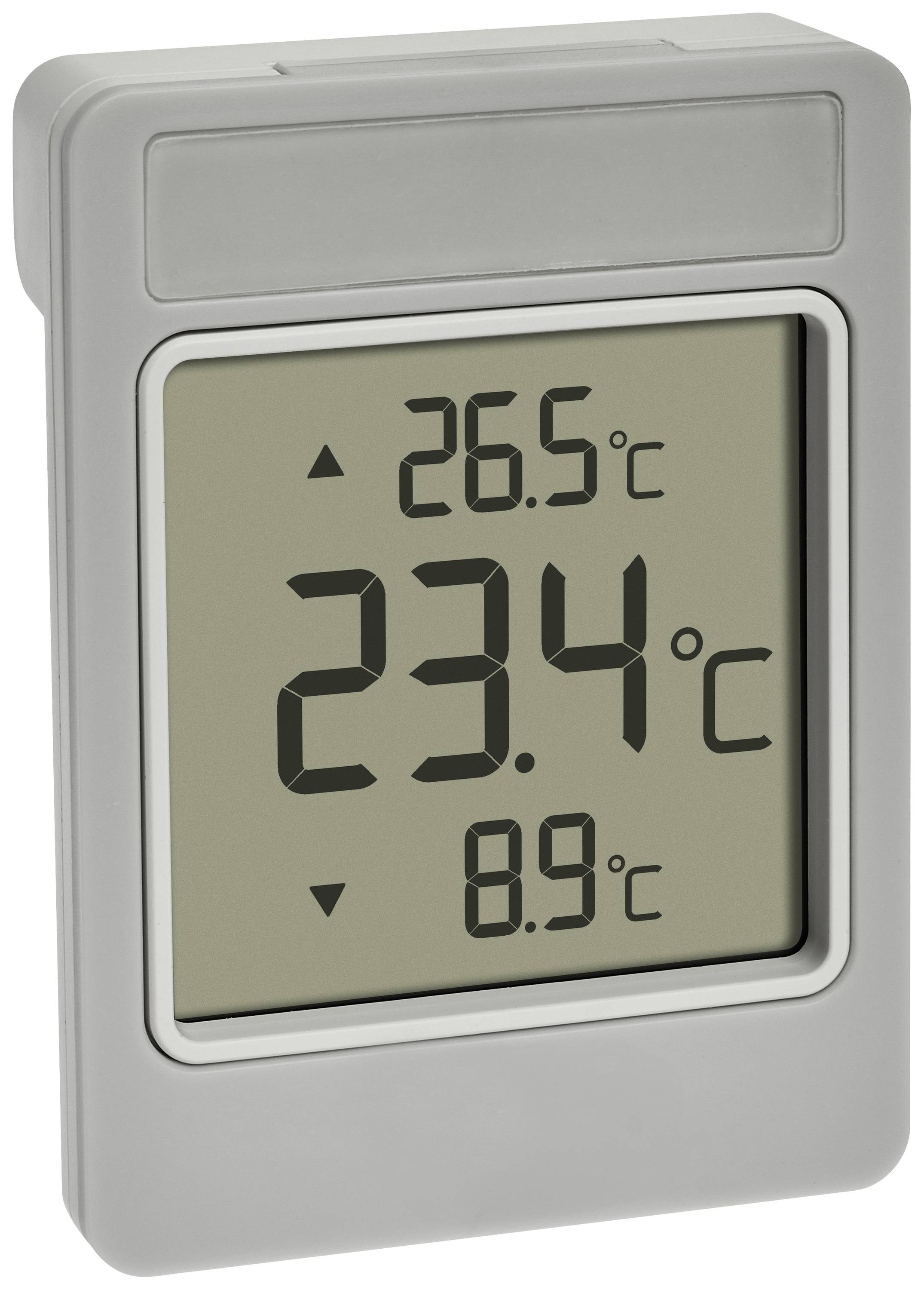 Elektronisches Thermometer zeigt aktuelle Temperatur von 23,4°C an, mit Höchsttemperatur 26,5°C und Tiefsttemperatur 8,9°C.