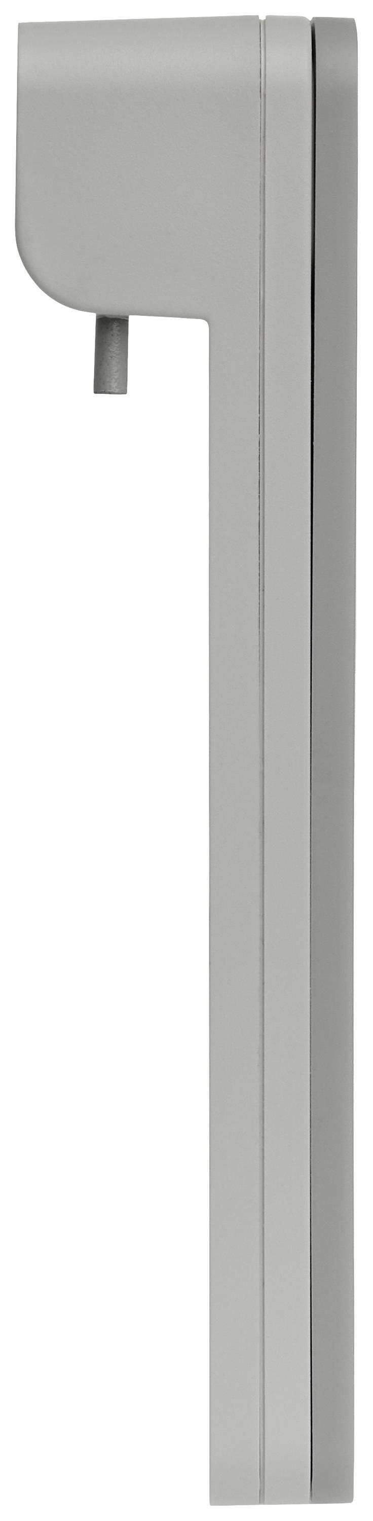 Ein seitlicher Fenstergriff aus Metall, grau, mit rechteckiger Form und abgerundetem Ende, vor weißem Hintergrund.