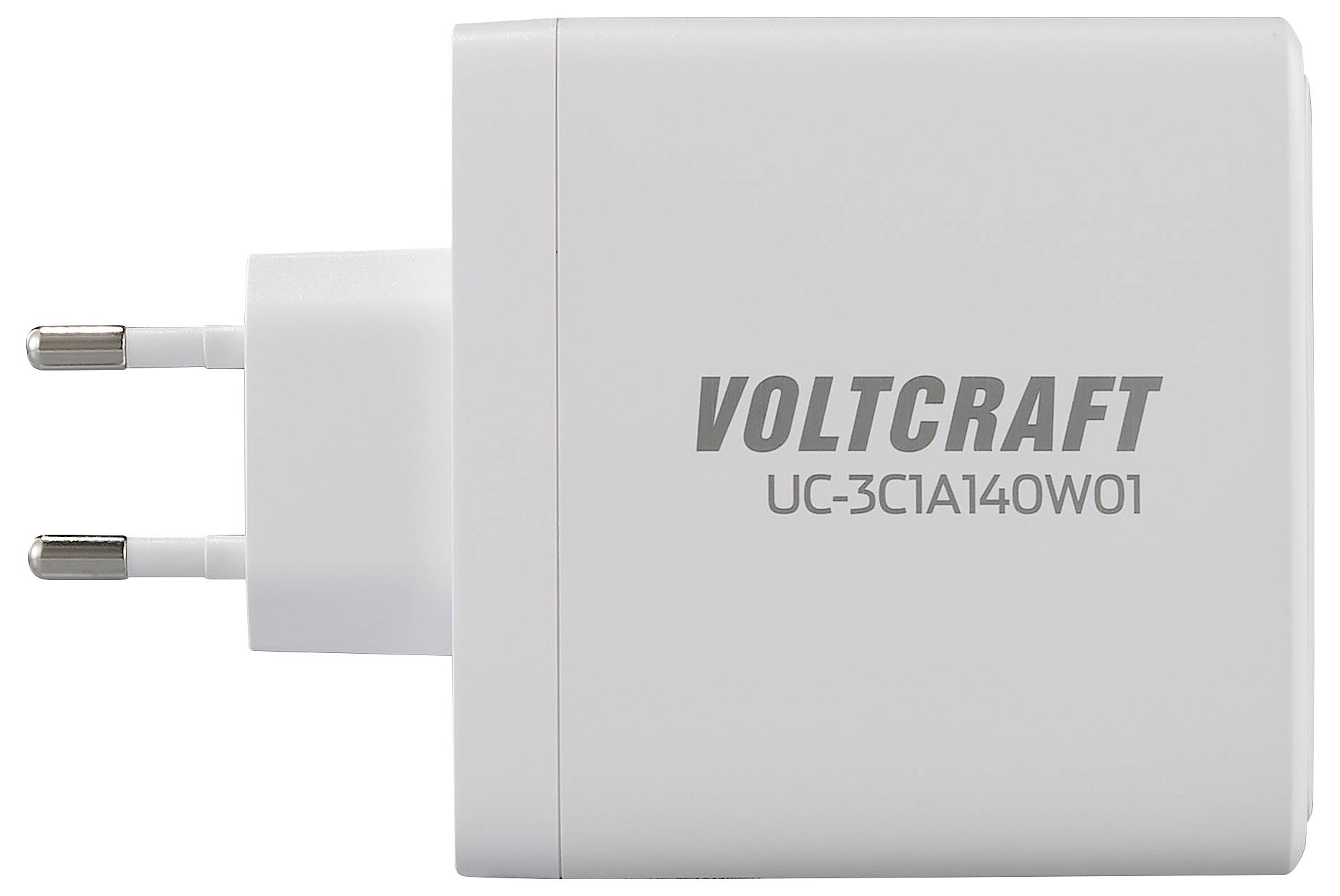 Ein weißes Ladegerät mit der Aufschrift 'VOLTCRAFT UC-3C1A140W01' auf der Seite. Es hat einen Eurostecker.