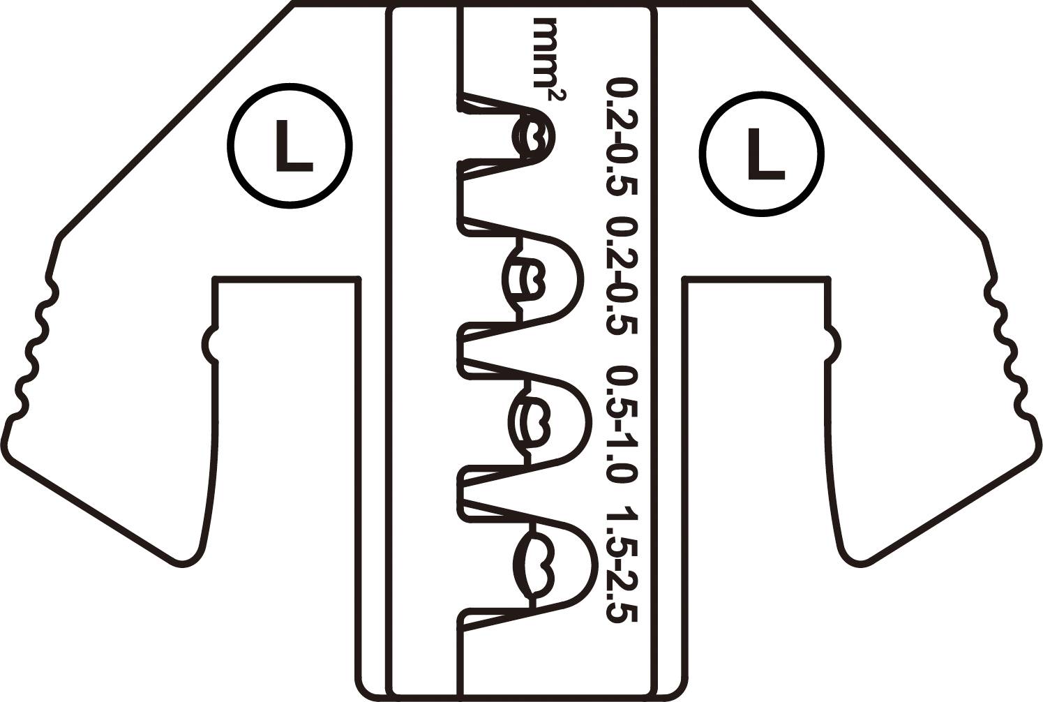 'Werkzeug zum Abisolieren von Kabeln, markiert mit Größenangaben: 0,2-0,5 mm², 0,5-1,0 mm², 1,5-2,5 mm².'